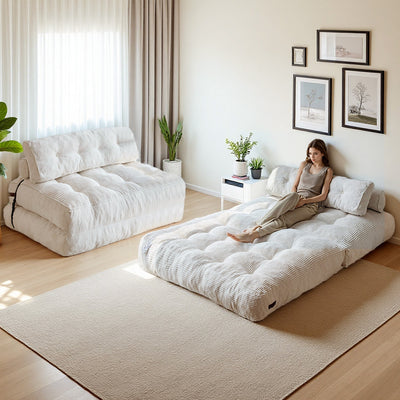 MAXYOYO Corduroy Folding Sofa Bed, Convertible Sleeper Chair with Pillow Foldable Mattress with Back Support(Double), Beige