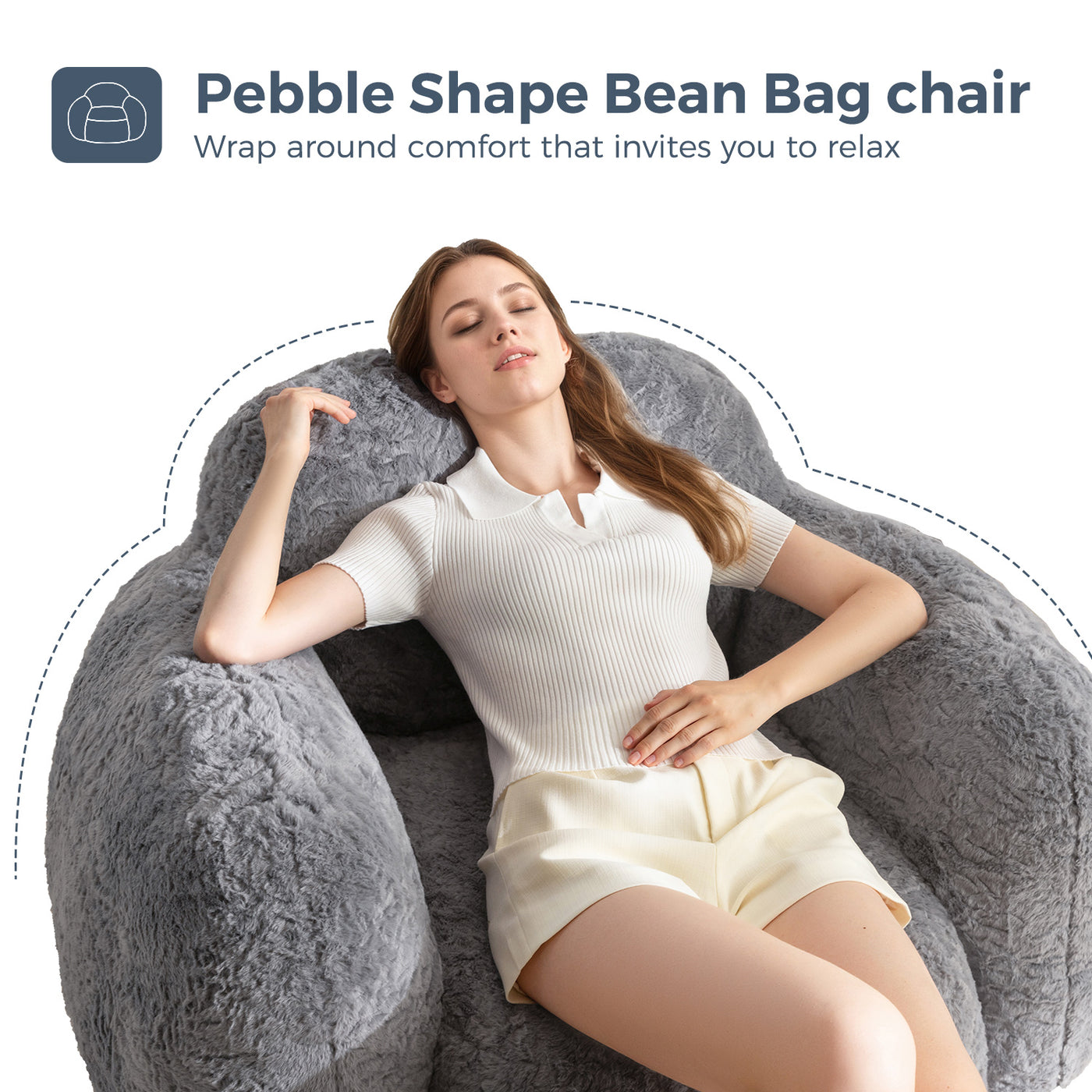 MAXYOYO Pebble-Shaped Bean Bag Chair – Faux Fur Floor Sofa with Backrest & Armrests