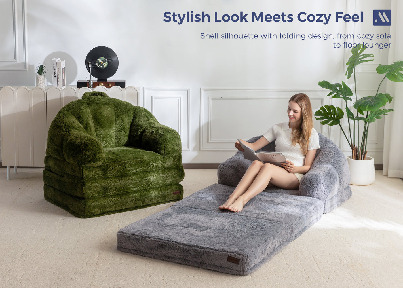 MAXYOYO Folding Sofa Bed, 2 in 1 Convertible Sofa to Lounger Comfy Single Bean Bag Chair for Adults, Floor Sleeper Couch with Handle, Faux Fur Couch Bed for Living Room Bedroom, Grey