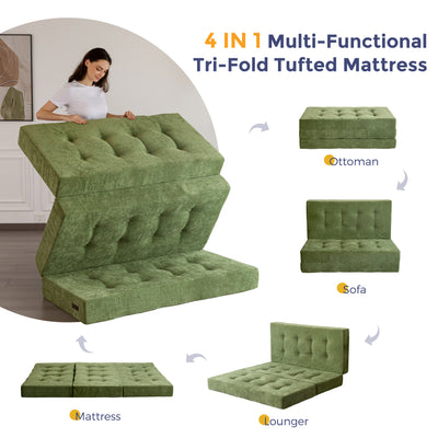 MAXYOYO Tri-Fold Mattress, 6 Inch Tufted Folding Mattress with Chenille Fabric, Portable Queen Size Floor Guest Mat for Adults, Foldable Topper for Camping