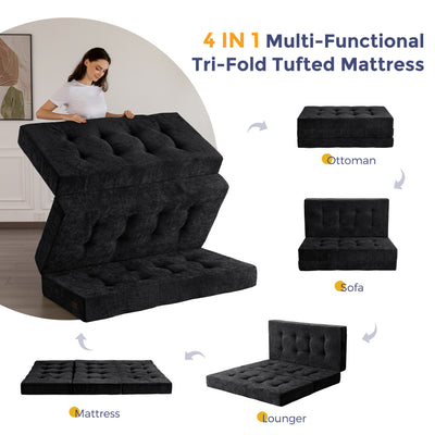 MAXYOYO Tri-Fold Mattress, 6 Inch Tufted Folding Mattress with Chenille Fabric, Portable Queen Size Floor Guest Mat for Adults, Foldable Topper for Camping