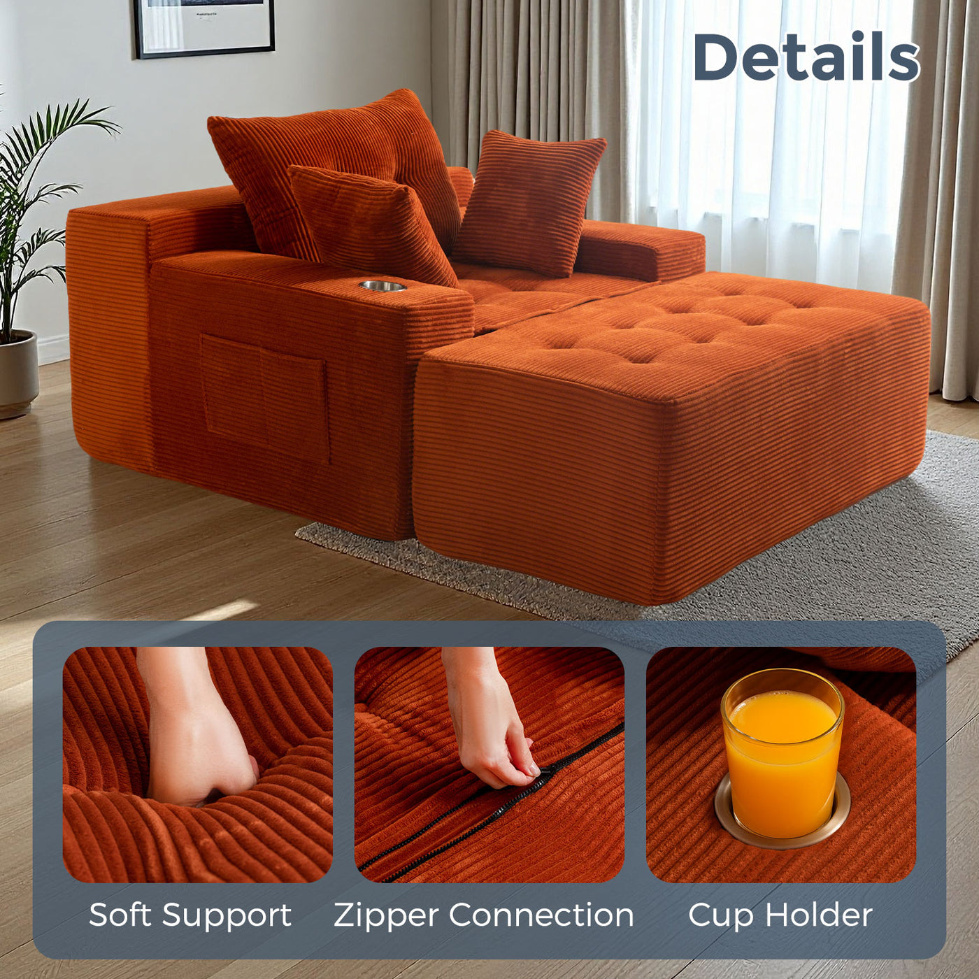 MAXYOYO Oversized Chaise Lounge Sofa with Ottoman – Deep Seat Tufted Sleeper Chair with 3 Pillows, Orange