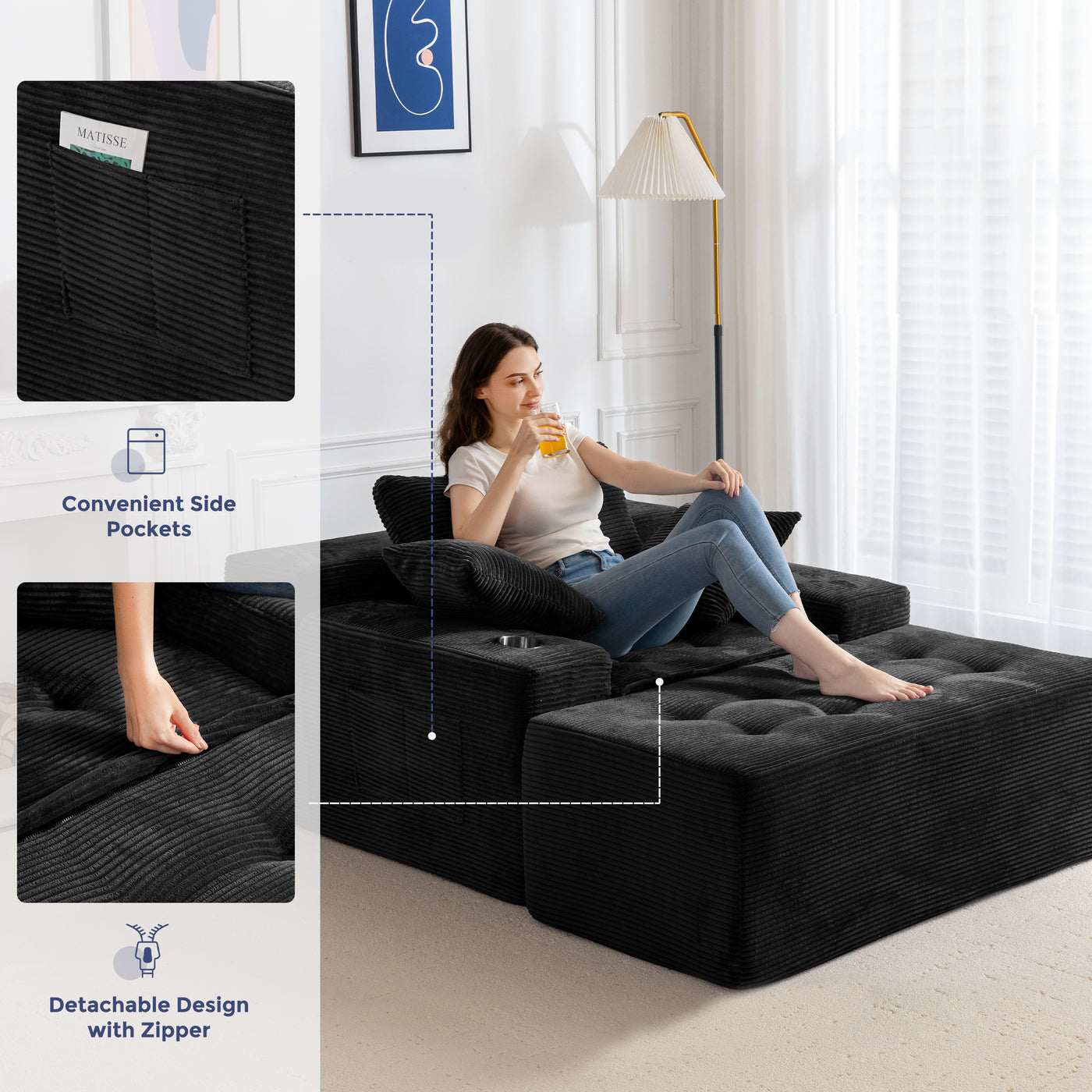 MAXYOYO Modular Sectional Chaise Lounge Sofa, Upholstered Lounge Chair with Pillows Indoor, Tufted Boneless Sofa Couch with Ottoman, Deep Seat Sleeper Chair for Living Room, No Assembly