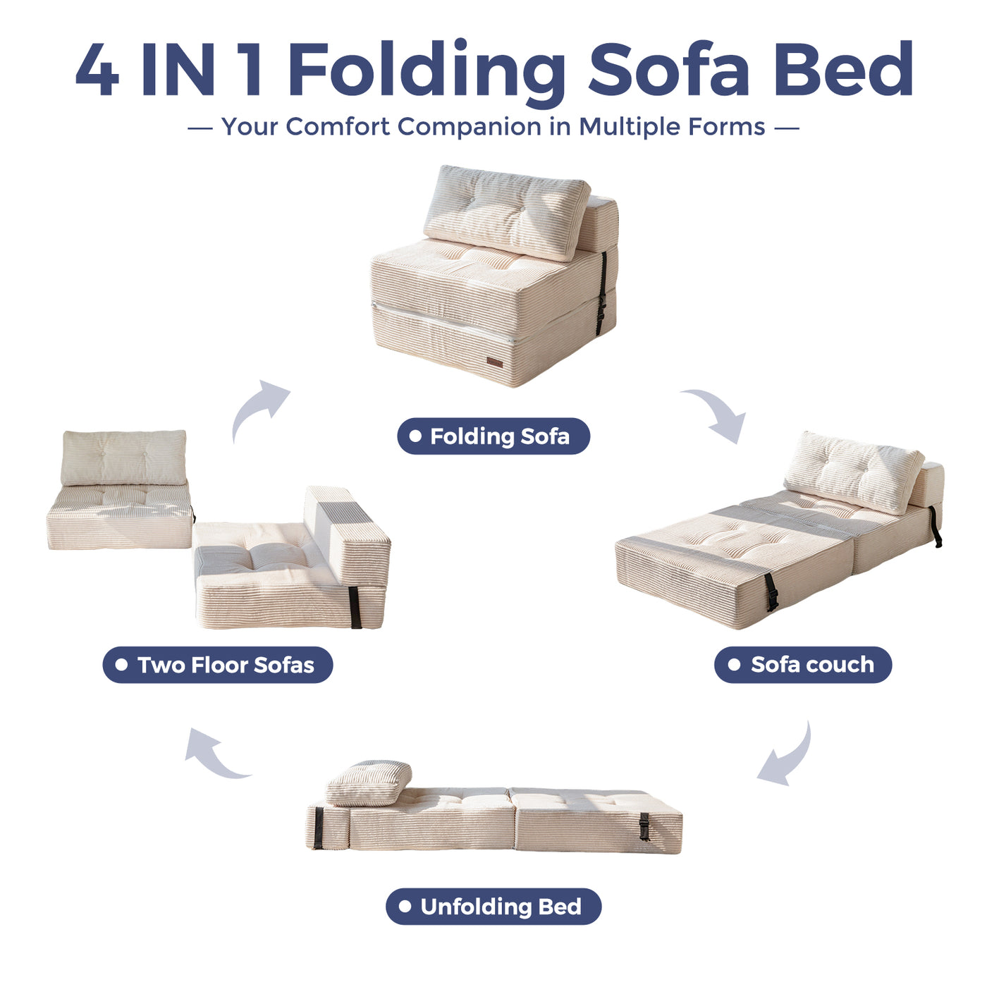 MAXYOYO Folding Sofa Bed, Convertible Sofa Bed with High-Density Support Foam for Living Room Bedroom, Beige