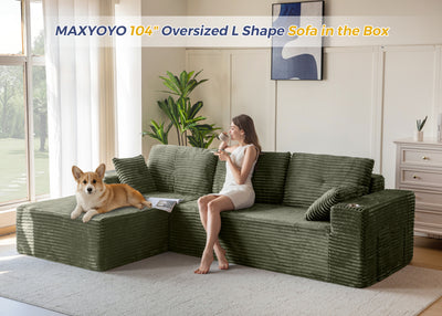 MAXYOYO 104" Modular Sectional Couch with L-Shape Chaise, Modern Boneless Couch for Living Room, Sofa in A Box, Oversized Sofa Sleeper with Deep Seat, No Assembly Required, Green