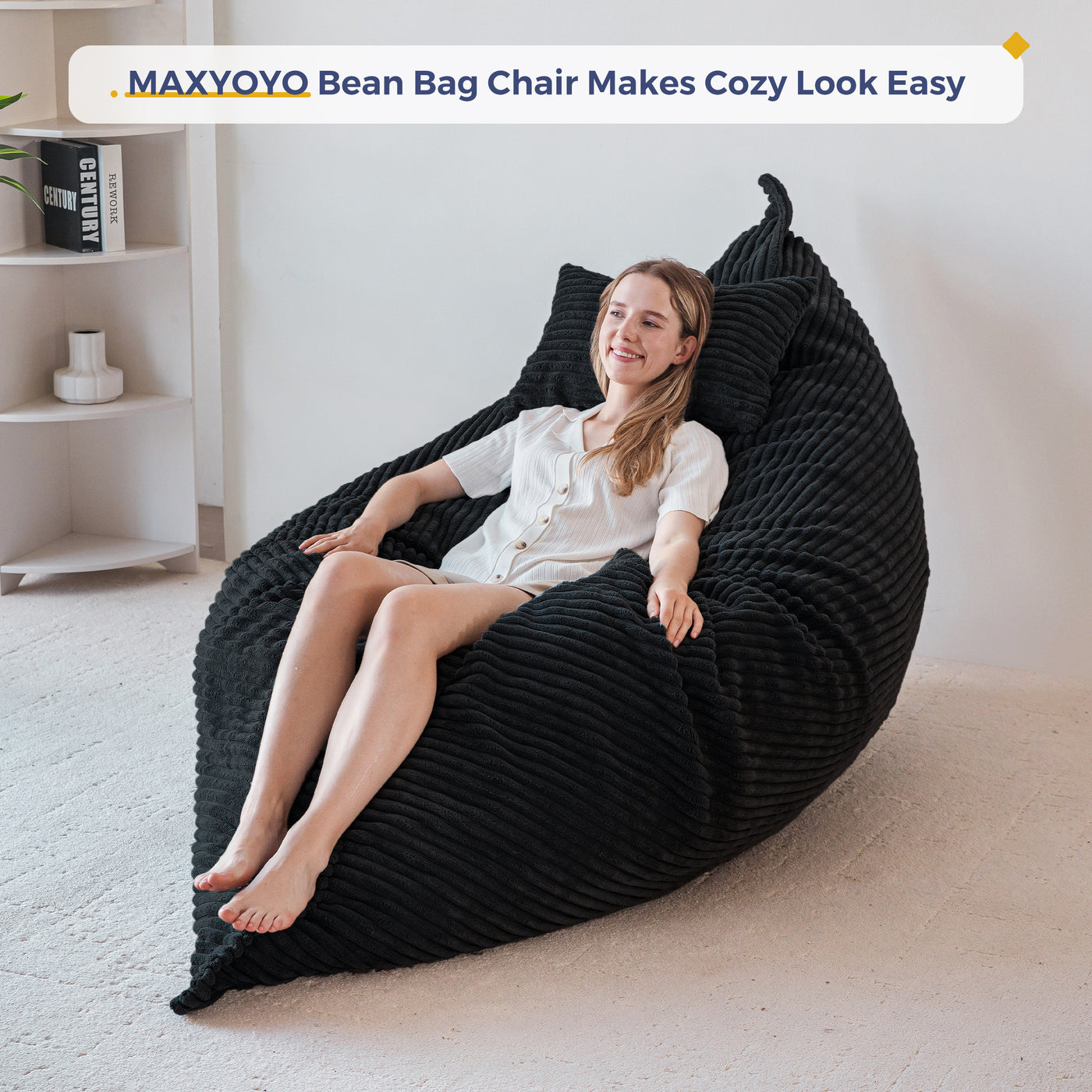 MAXYOYO Giant Bean Bag Chair with Pillow, 3 in 1 Convertible Bean Bag Bed for Adults with Washable Cover, Removable Floor Cushion Stuffed Floor Lounger for Living Room Bedroom, Black