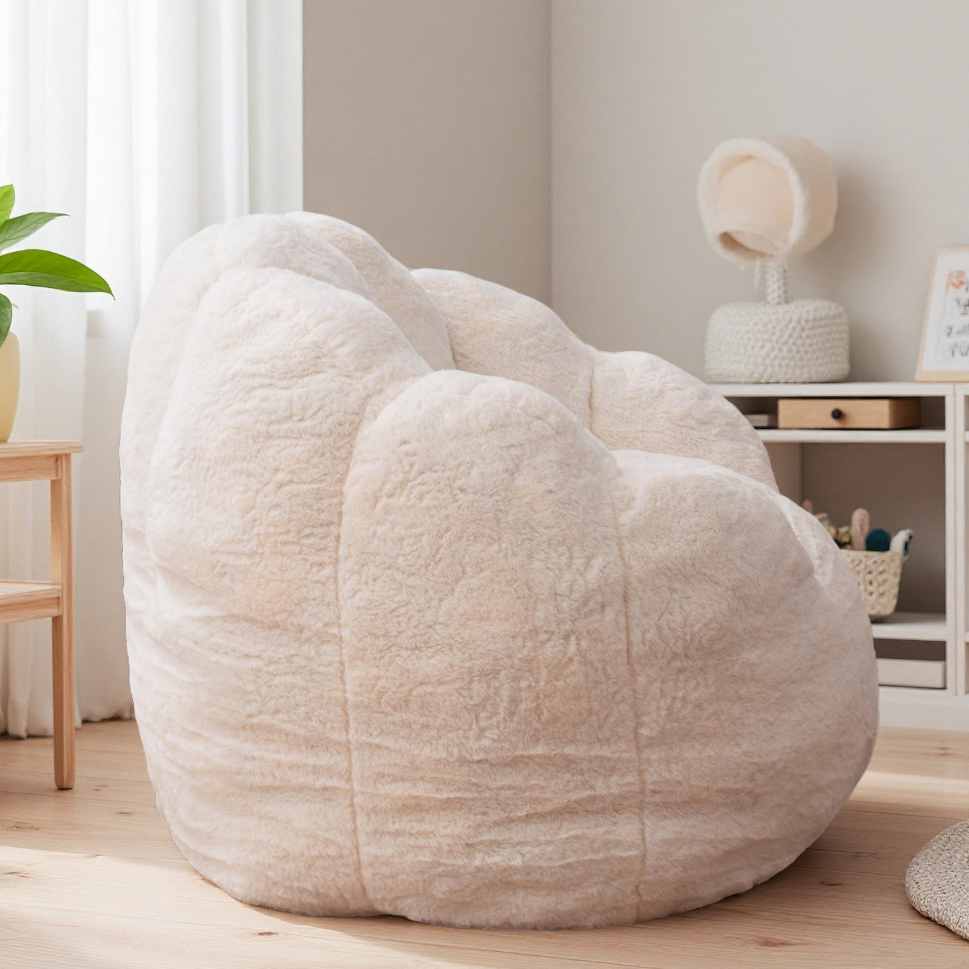MAXYOYO Kids Bean Bag Chair, Floral Shaped Bean Bag Sofa, Plush Faux Fur Toddler Couch with Petal Backrest for Boys Girls, Stuffed Cozy Sofa for Nursery, Bedroom, Beige