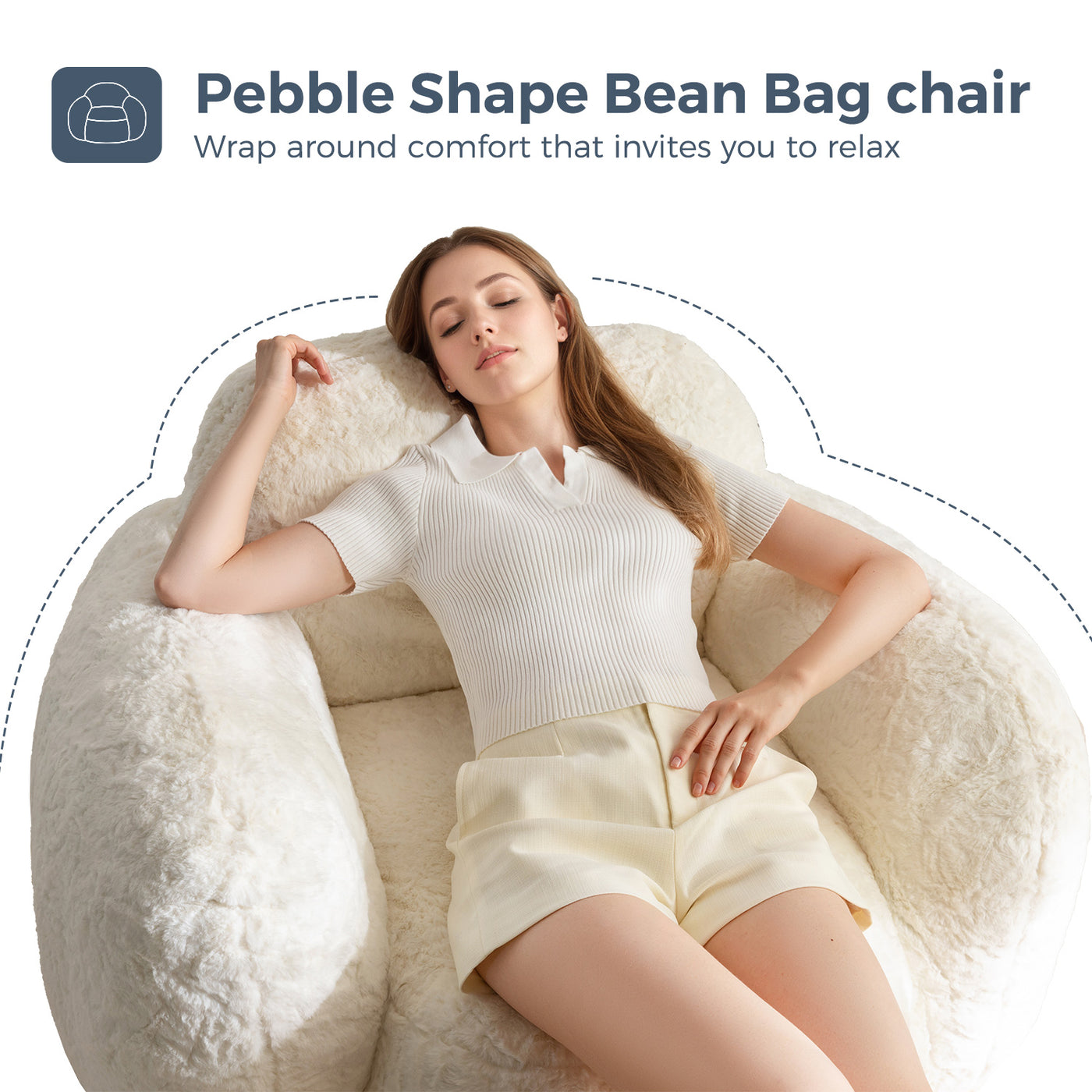 MAXYOYO Pebble-Shaped Bean Bag Chair – Faux Fur Floor Sofa with Backrest & Armrests