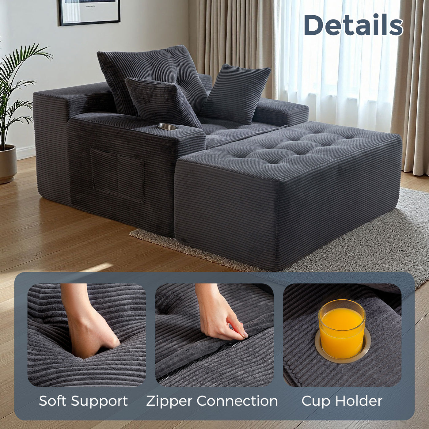MAXYOYO Oversized Chaise Lounge Sofa with Ottoman – Deep Seat Tufted Floor Couch, No-Assembly, Grey