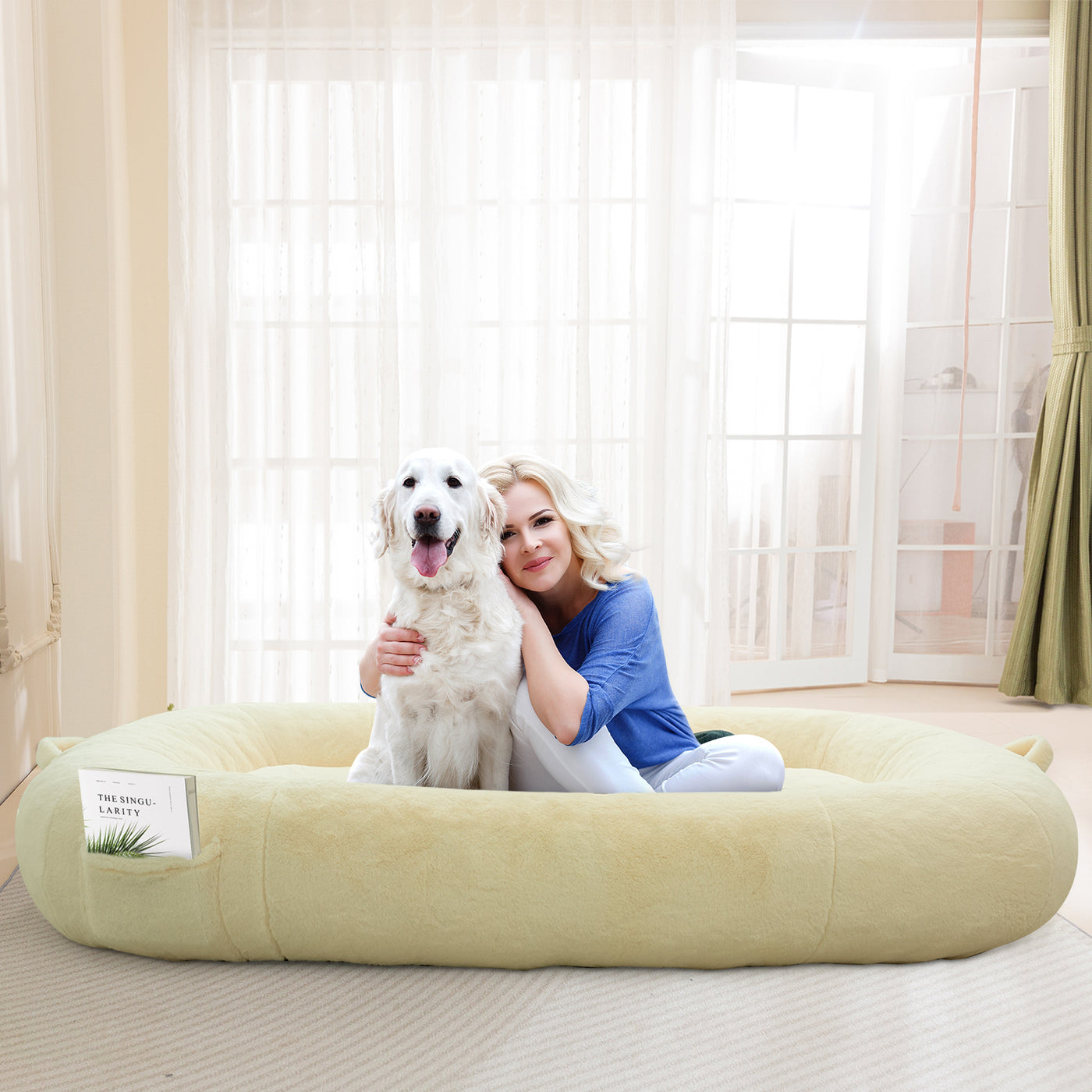 MAXYOYO Human Dog Bed, Faux Fur Giant Bean Bag Bed for Humans and Pets, Beige