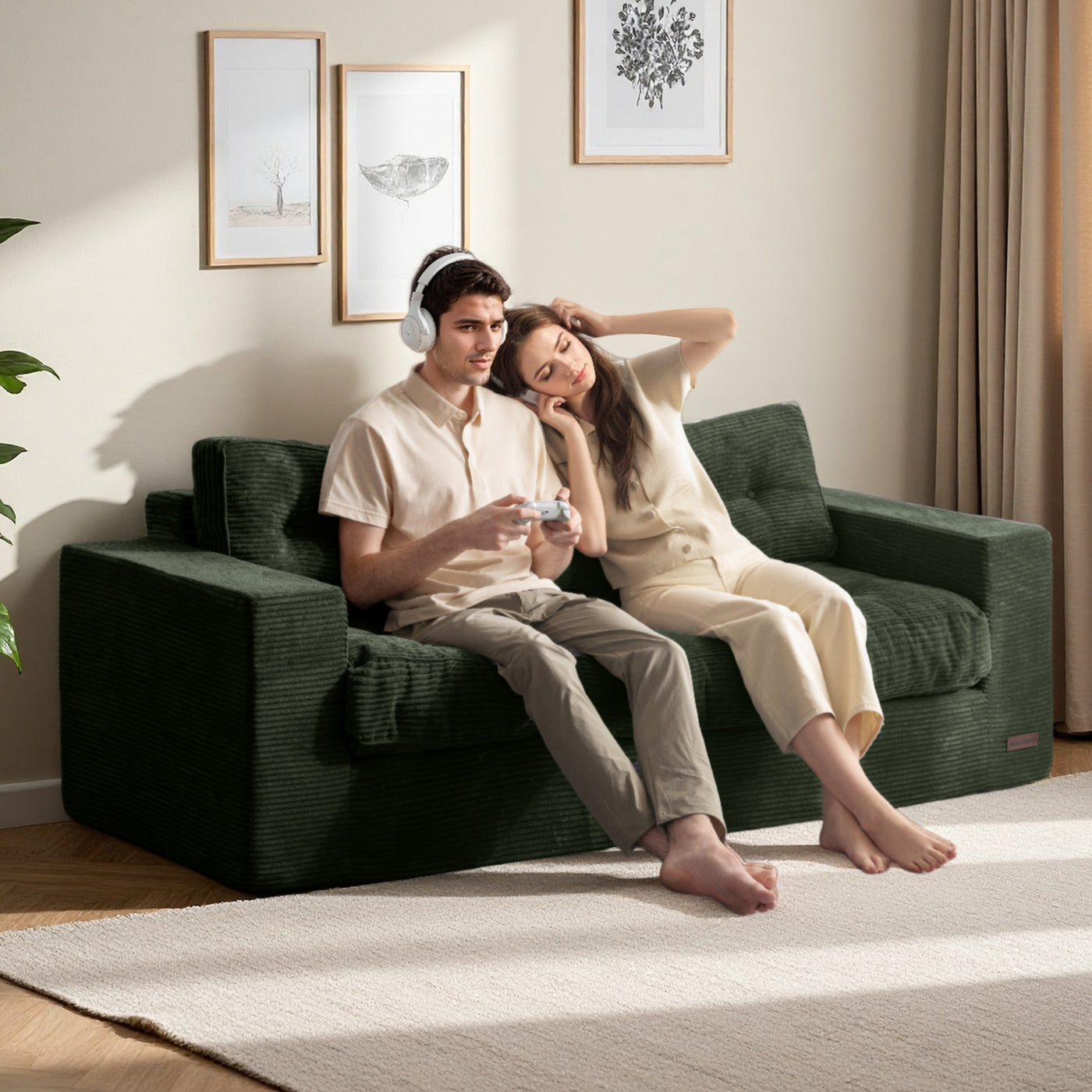 MAXYOYO 3 Seater Couch for Living Room - Boneless Couch, Sofa in A Box, No Assembly Required, Green