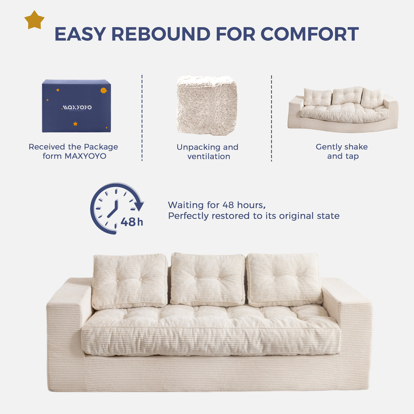 MAXYOYO 3 Seater Couch for Living Room, Boneless Couch with Tufted Cushion & Backrest, Upholstered Floor Sofa with Armrests, Sofa in A Box, No Assembly Required