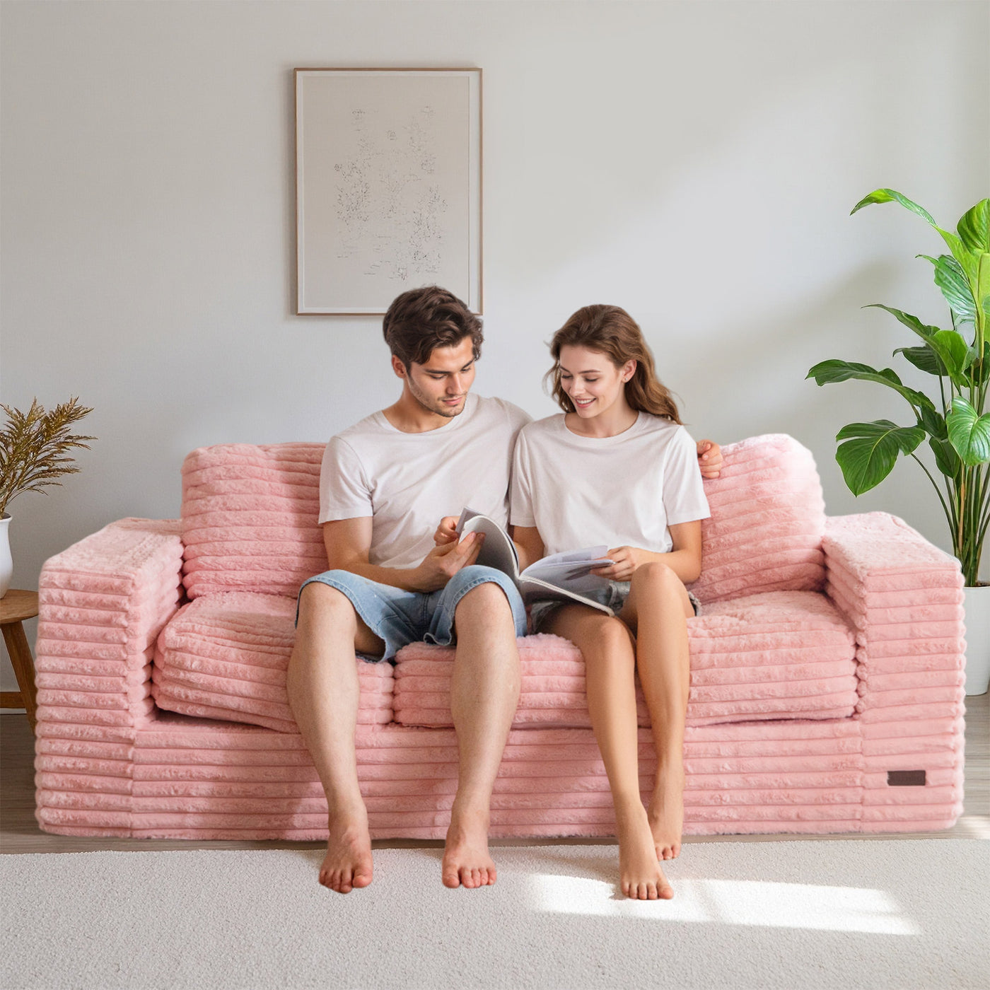 MAXYOYO 3-Seater Faux Fur Sofa – Fluffy Boneless Couch with Pillows in a Box, Faux Fur Lounge, No Assembly