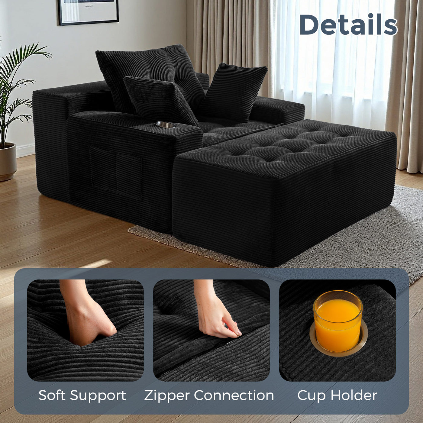 MAXYOYO Oversized Chaise Lounge Sofa with Ottoman – Deep Seat Tufted Floor Couch with 3 Pillows, Black