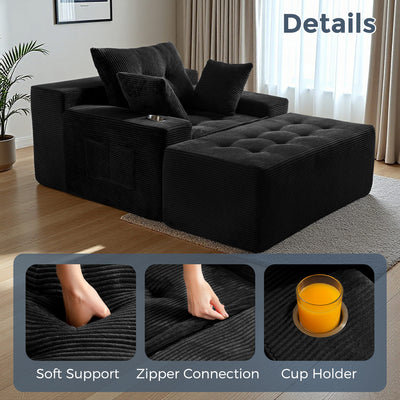 MAXYOYO Oversized Chaise Lounge Sofa with Ottoman – Deep Seat Tufted Floor Couch with 3 Pillows, Black