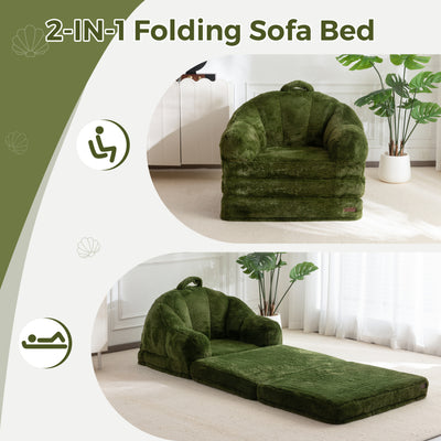 MAXYOYO Folding Sofa Bed, 2 in 1 Convertible Sofa to Lounger Comfy Single Bean Bag Chair for Adults, Floor Sleeper Couch with Handle, Faux Fur Couch Bed for Living Room Bedroom, Green