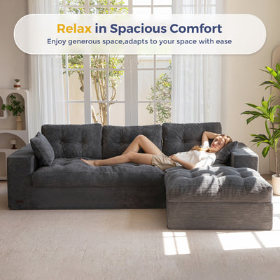 MAXYOYO L Shaped Sectional Sofa with Ottoman, Cloud Boneless Couch with Layered Cushion, Upholstered Modular Sofa with Tufting, Flexible Module Combination for Living Room, No Assembly, Dark Grey