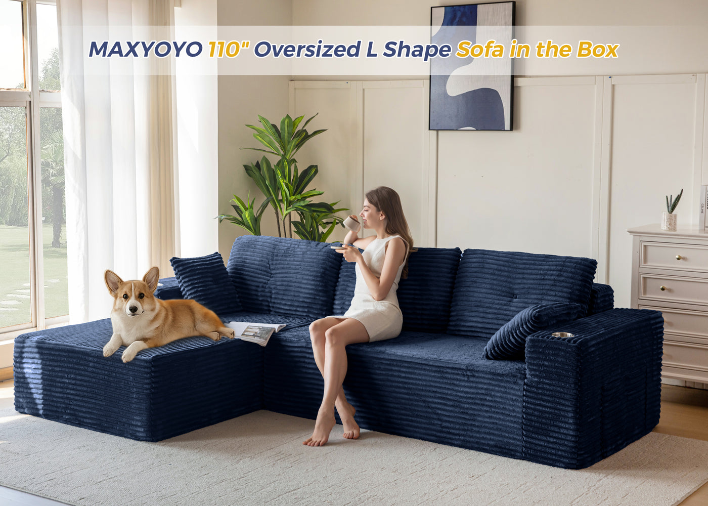 MAXYOYO 104" Modular Sectional Couch with L-Shape Chaise, Modern Boneless Couch for Living Room, Sofa in A Box, Oversized Sofa Sleeper with Deep Seat, No Assembly Required, Navy
