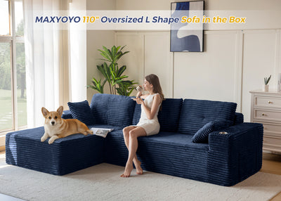 MAXYOYO 104" Modular Sectional Couch with L-Shape Chaise, Modern Boneless Couch for Living Room, Sofa in A Box, Oversized Sofa Sleeper with Deep Seat, No Assembly Required, Navy