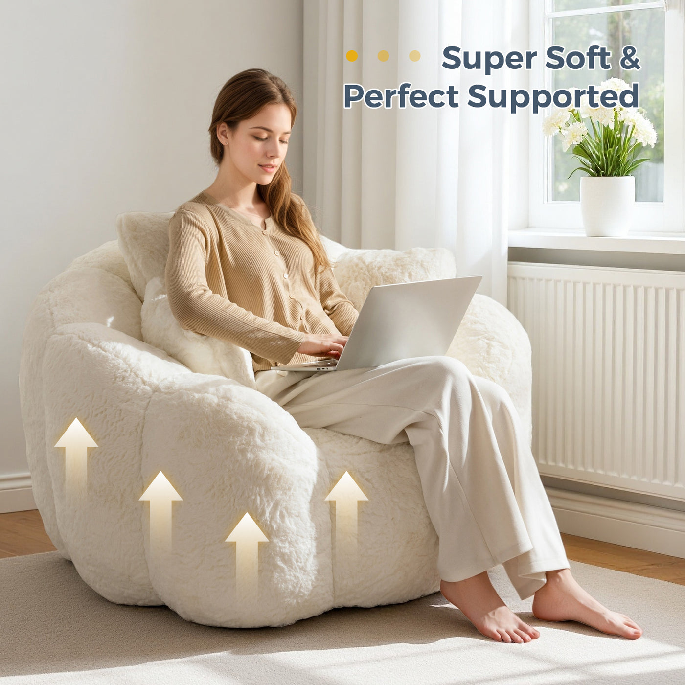 MAXYOYO Oversized Floral Bean Bag Chair – Ultra Soft Faux Fur Lounge Sofa with 3 Pillows, Beige