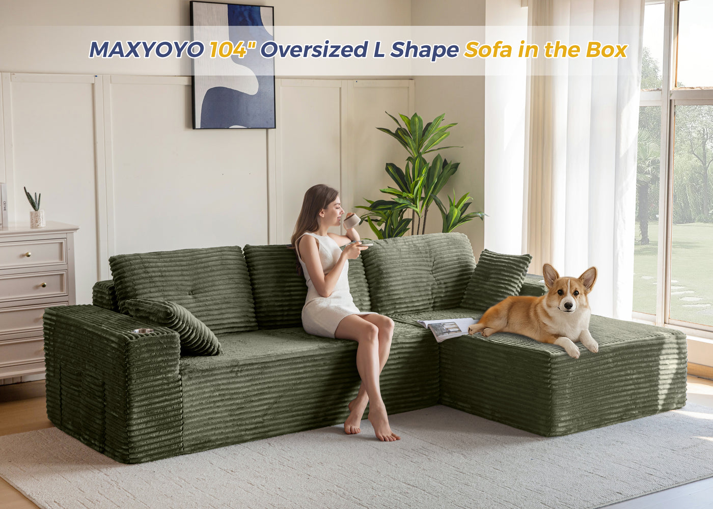 MAXYOYO 104" Modular Sectional Couch with L-Shape Chaise, Modern Boneless Couch for Living Room, Sofa in A Box, Oversized Sofa Sleeper with Deep Seat, No Assembly Required, Green