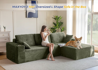 MAXYOYO 104" Modular Sectional Couch with L-Shape Chaise, Modern Boneless Couch for Living Room, Sofa in A Box, Oversized Sofa Sleeper with Deep Seat, No Assembly Required, Green