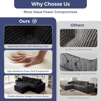 MAXYOYO L Shaped Sectional Sofa with Ottoman, Cloud Boneless Couch with Layered Cushion, Upholstered Modular Sofa with Tufting, Flexible Module Combination for Living Room, No Assembly Required, Black