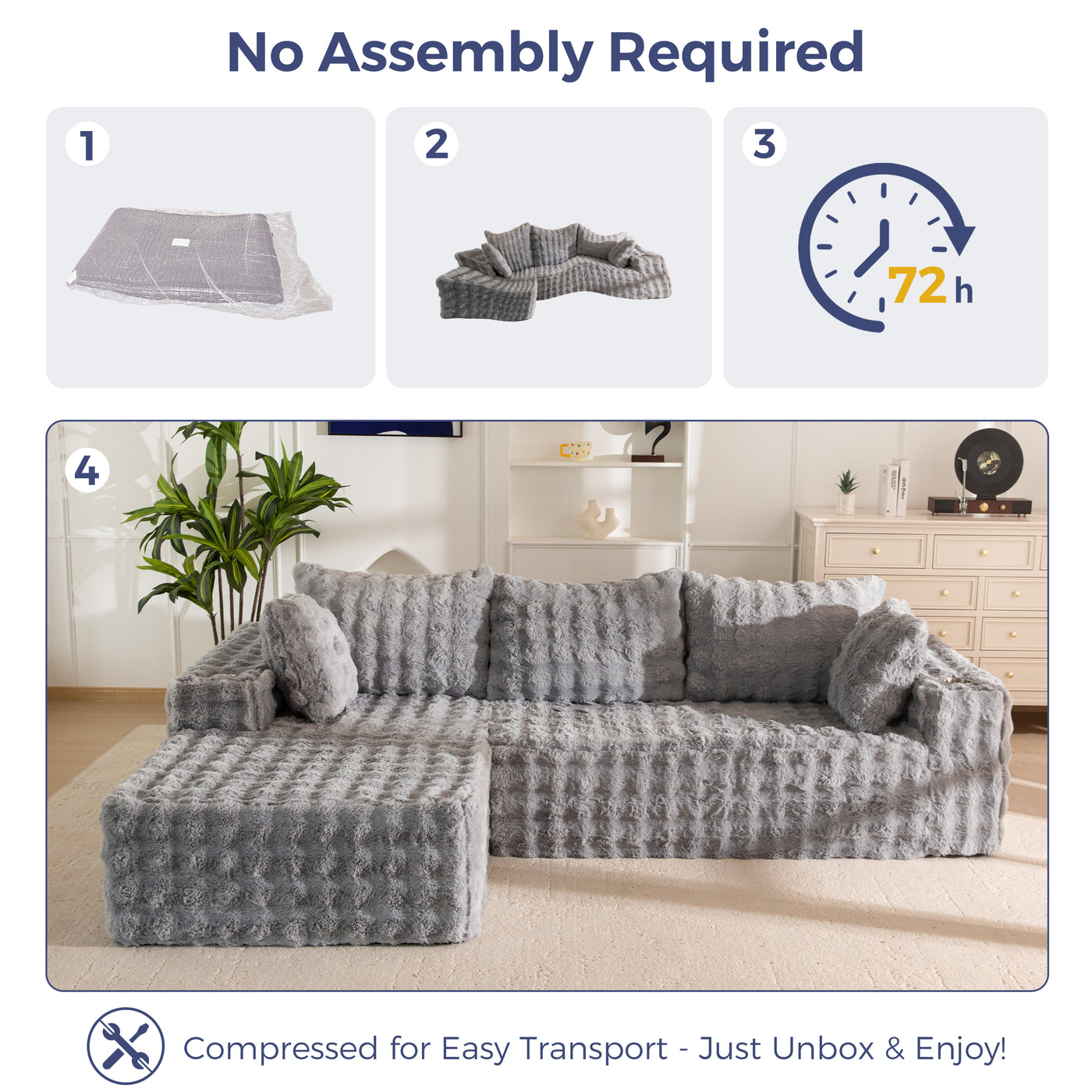 MAXYOYO 104" Modular Sectional Couch with L-Shape Chaise, Modern Boneless Couch for Living Room, Sofa in A Box, Oversized Sofa Sleeper with Deep Seat, No Assembly Required, Grey