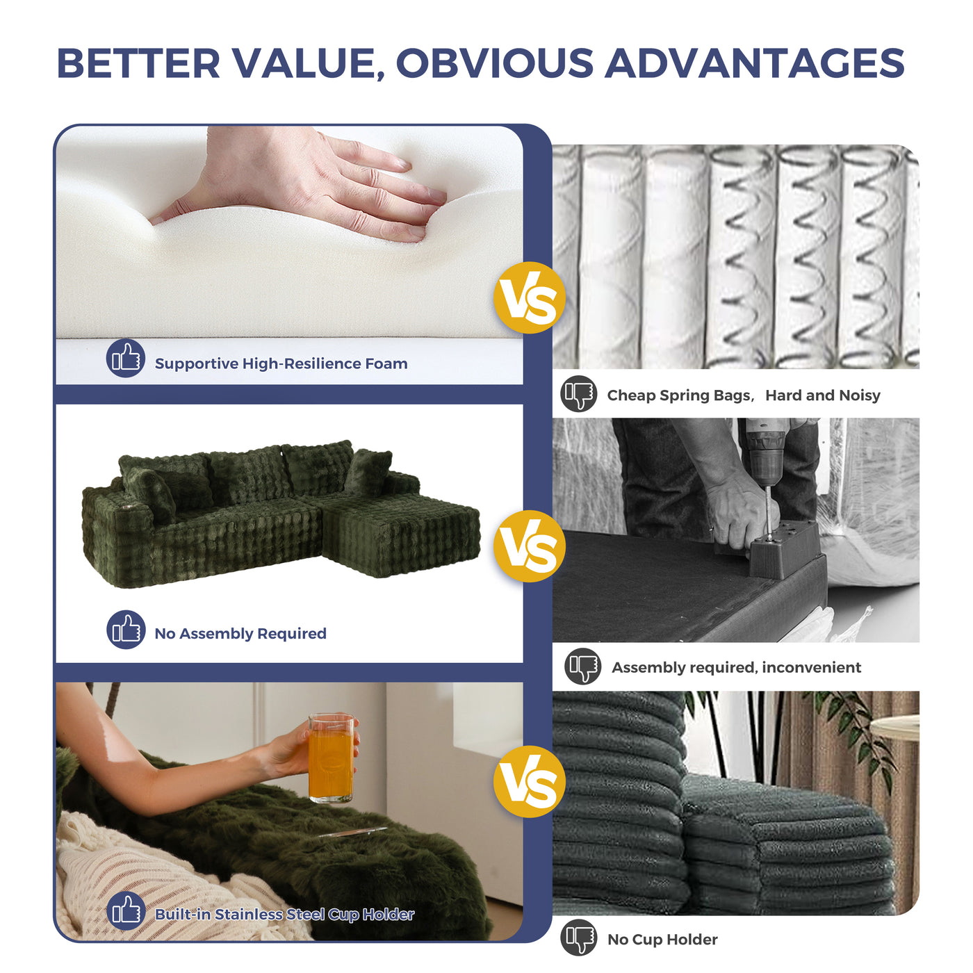 MAXYOYO 104" Modular Sectional Couch with L-Shape Chaise, Modern Boneless Couch for Living Room, Sofa in A Box, Oversized Sofa Sleeper with Deep Seat, No Assembly Required, Green