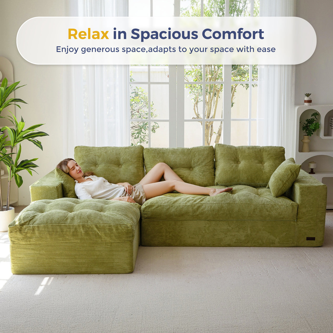 MAXYOYO L Shaped Sectional Sofa with Ottoman, Cloud Boneless Couch with Layered Cushion, Upholstered Modular Sofa with Tufting, Flexible Module Combination for Living Room, No Assembly Required, Green