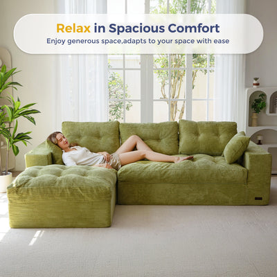 MAXYOYO L Shaped Sectional Sofa with Ottoman, Cloud Boneless Couch with Layered Cushion, Upholstered Modular Sofa with Tufting, Flexible Module Combination for Living Room, No Assembly Required, Green