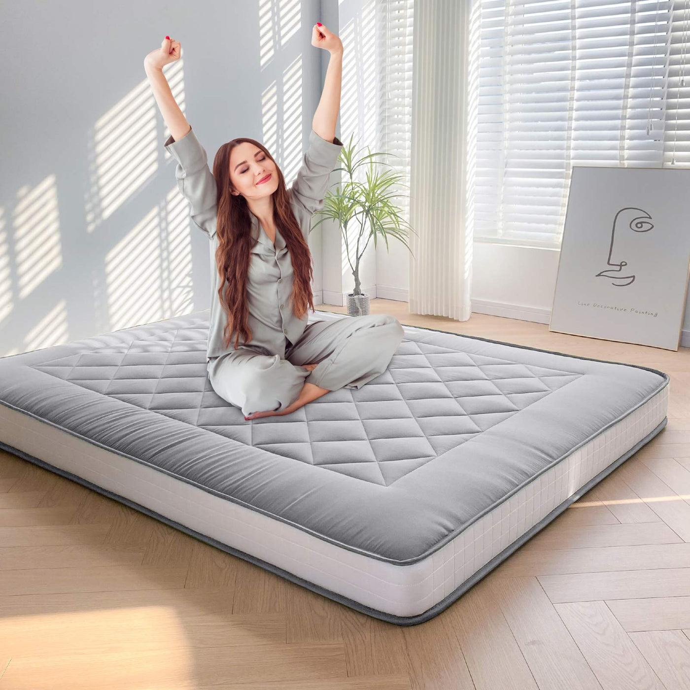 MAXYOYO 6" Extra Thick Japanese Futon Mattress, Stylish Diamond Quilting Floor Bed For Bedroom, Grey