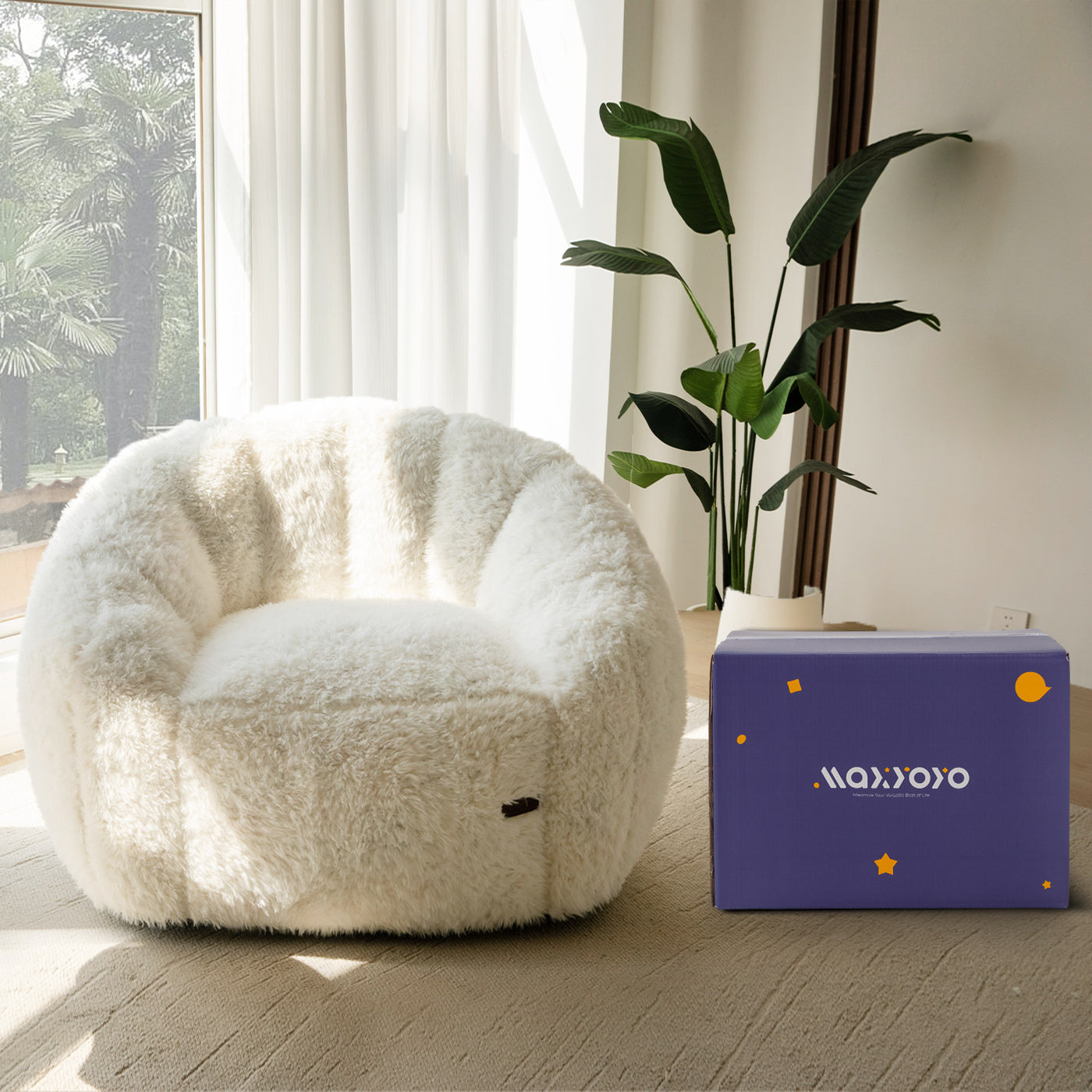 MAXYOYO Giant Bean Bag Chair - Fluffy Shaggy Floor Sofa with Shell Design, White