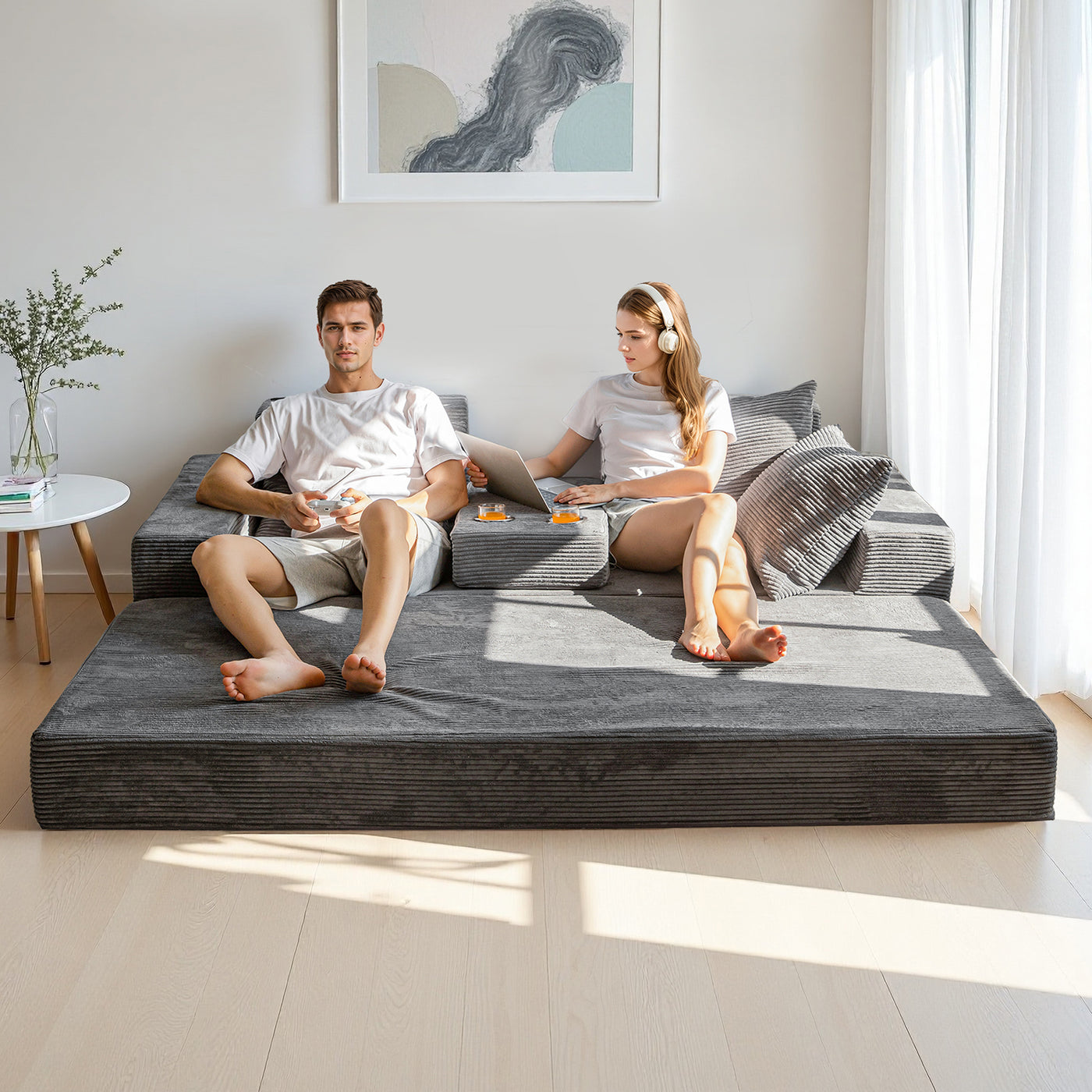 MAXYOYO 3-Seater Floor Sofa Bed – Corded 4-in-1 Reclining Couch with Cup Holders & Pillows, Dark Grey