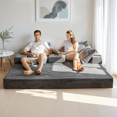 MAXYOYO 3-Seater Floor Sofa Bed – Corded 4-in-1 Reclining Couch with Cup Holders & Pillows, Dark Grey