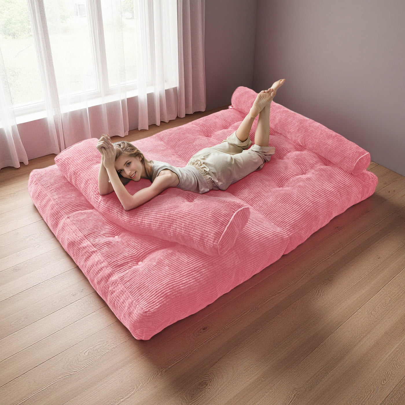 MAXYOYO Corduroy Folding Sofa Bed, Convertible Sleeper Chair with Pillow Foldable Mattress with Back Support(Double), Pink
