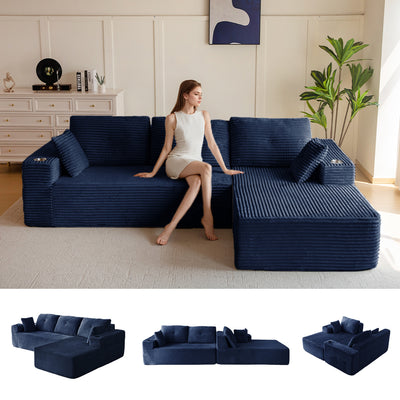 MAXYOYO 104" L-Shape Sectional Sofa - Corduroy Cloud Modular Couch for Living Room, Navy