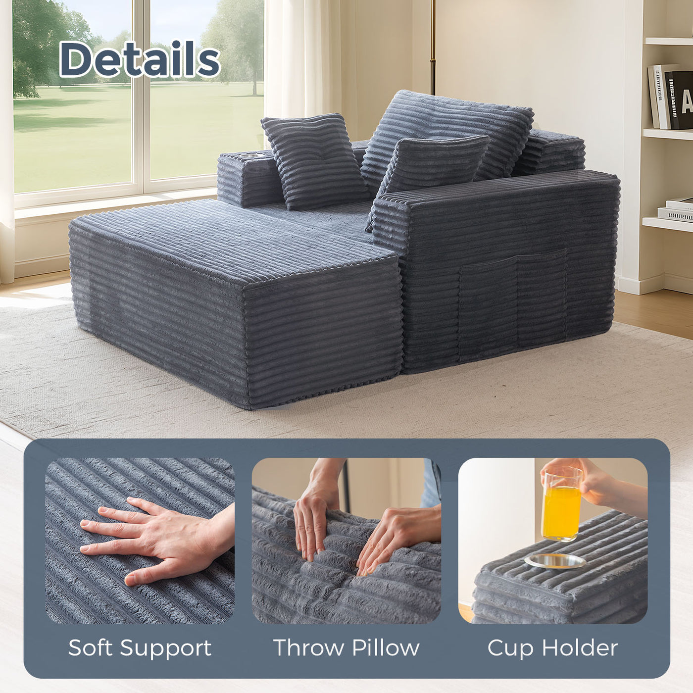 MAXYOYO 65"x49'' Chaise Lounge Sofa - Oversized Chaise Lounge Chair Cozy Cloud Couch with 3 Pillows, Dark Grey