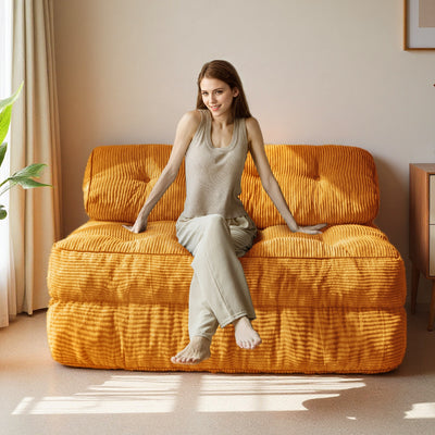 MAXYOYO Corduroy Folding Sofa Bed, Convertible Sleeper Chair with Pillow Foldable Mattress with Back Support(Double), Orange