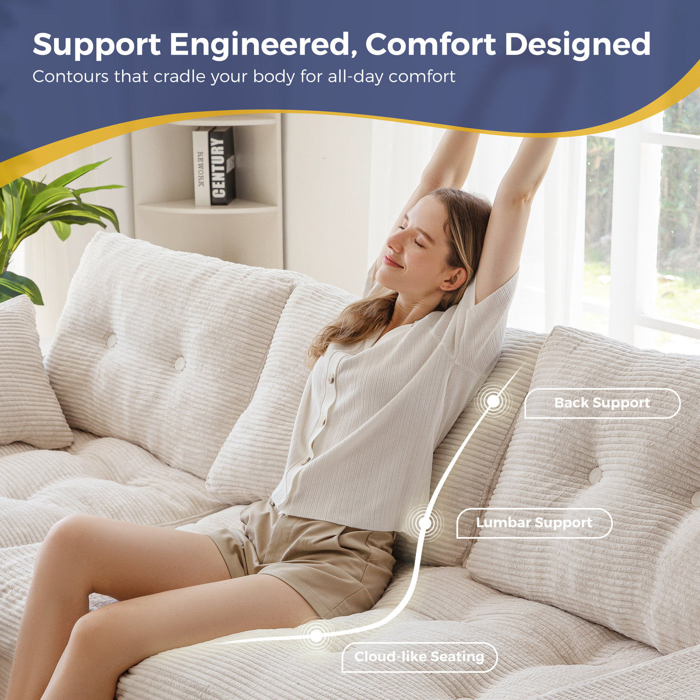 Woman relaxing on a couch with text highlighting comfort features