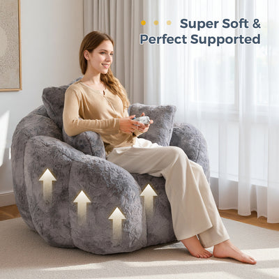 MAXYOYO Floral Bean Bag Chair 3 Pillows –  Soft Faux Fur Lounge Sofa for Reading&Gaming, Grey