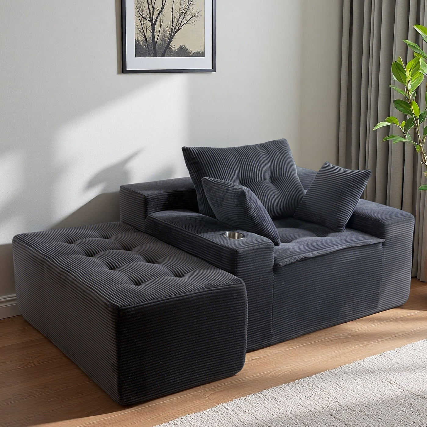 MAXYOYO Oversized Chaise Lounge Sofa with Ottoman – Deep Seat Tufted Floor Couch, No-Assembly, Grey