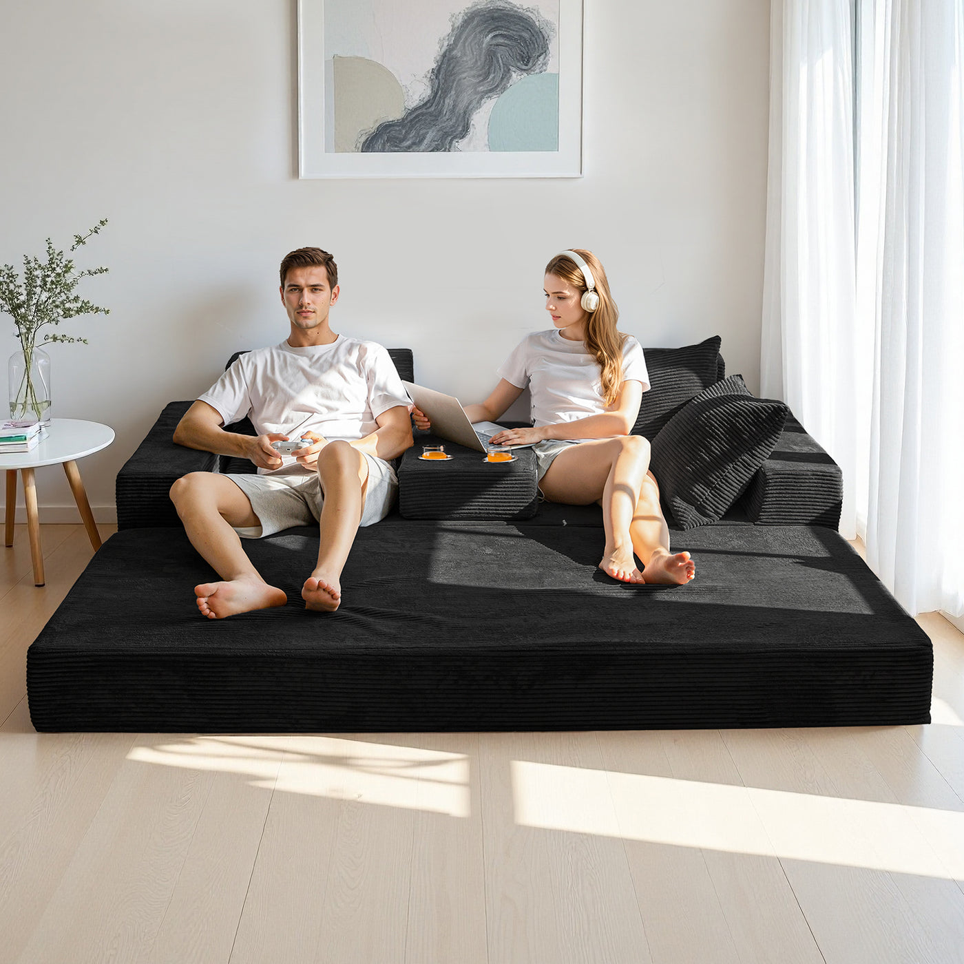 MAXYOYO 4-in-1 3-Seater Foldable Sofa Bed – Corded Convertible Floor Couch with Cup Holders, No Assembly, Black