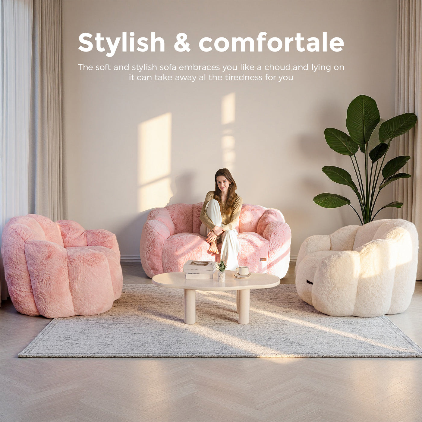 MAXYOYO Bean Bag Chair, Ultra Soft Faux Fur Loveseat Floral Petal Back Sofa for Adults, Double Size (Pink)