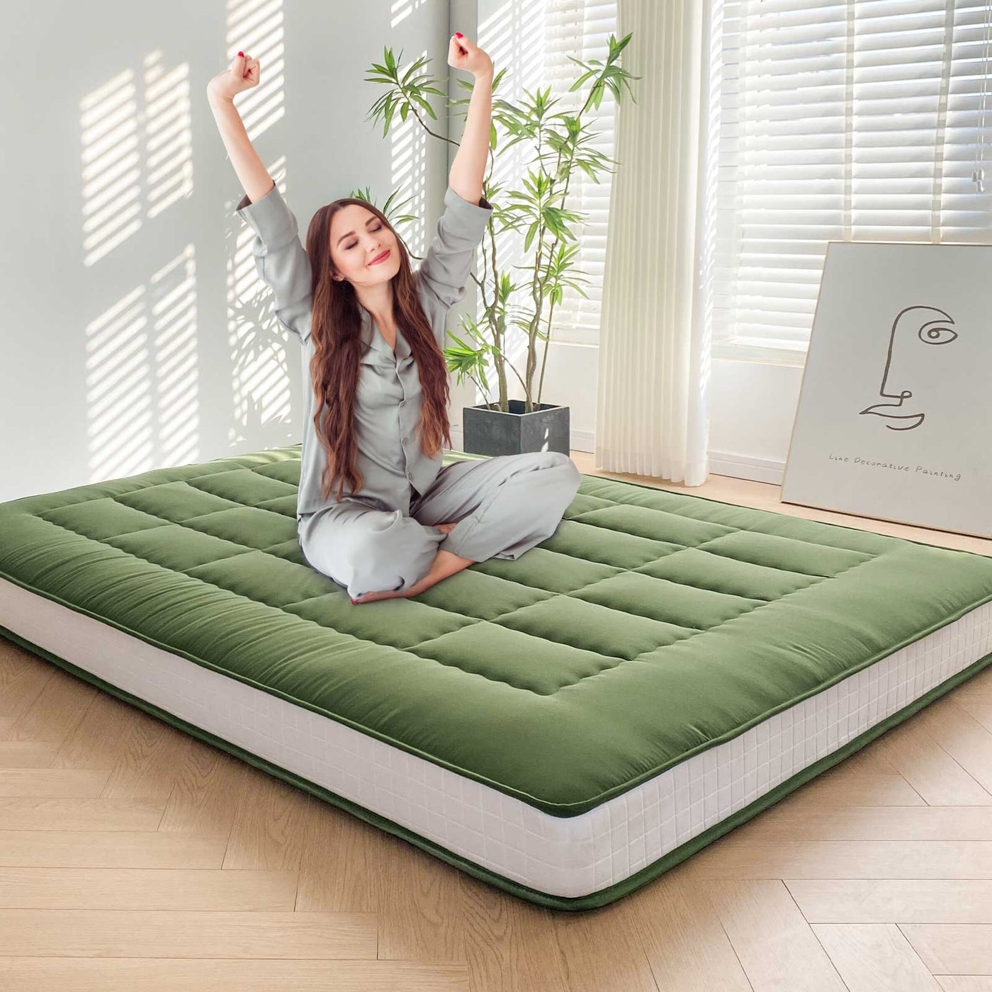 MAXYOYO 6" Extra Thick Japanese Futon Mattress with Rectangle Quilted, Stylish Floor Bed For Family, Green