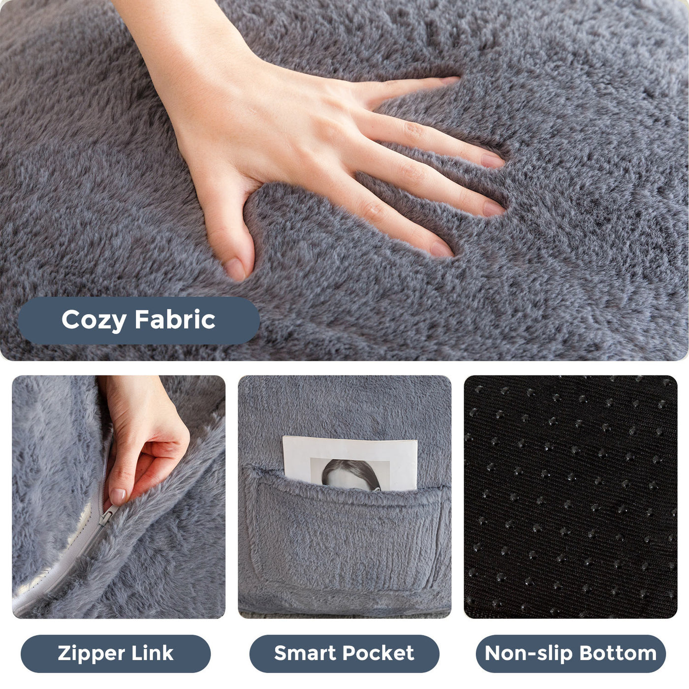 MAXYOYO Giant Bean Bag Chair with Pillow - Faux Fur Ergonomic Bean Bag Chair Couch (Zippered Link Pillow), Dark Grey
