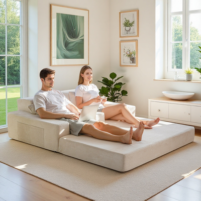 MAXYOYO Convertible Loveseat Sofa Bed – Corded Foldable Floor Recliner with Cup Holders, Beige