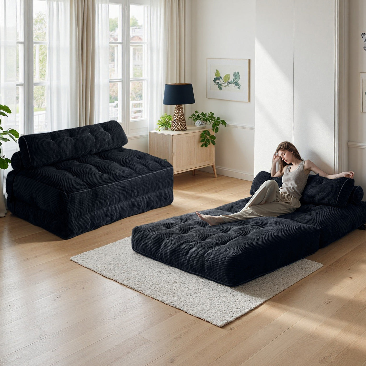 MAXYOYO Corduroy Folding Sofa Bed, Convertible Sleeper Chair with Pillow Foldable Mattress with Back Support(Double), Black