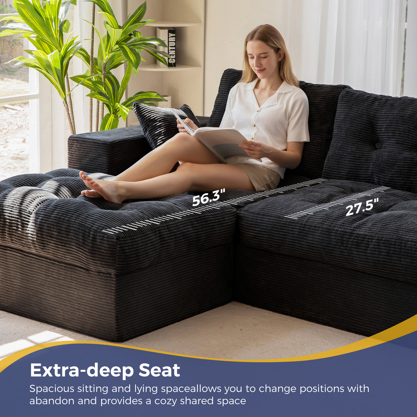 MAXYOYO L Shaped Sectional Sofa with Ottoman, Cloud Boneless Couch with Layered Cushion, Upholstered Modular Sofa with Tufting, Flexible Module Combination for Living Room, No Assembly Required, Black