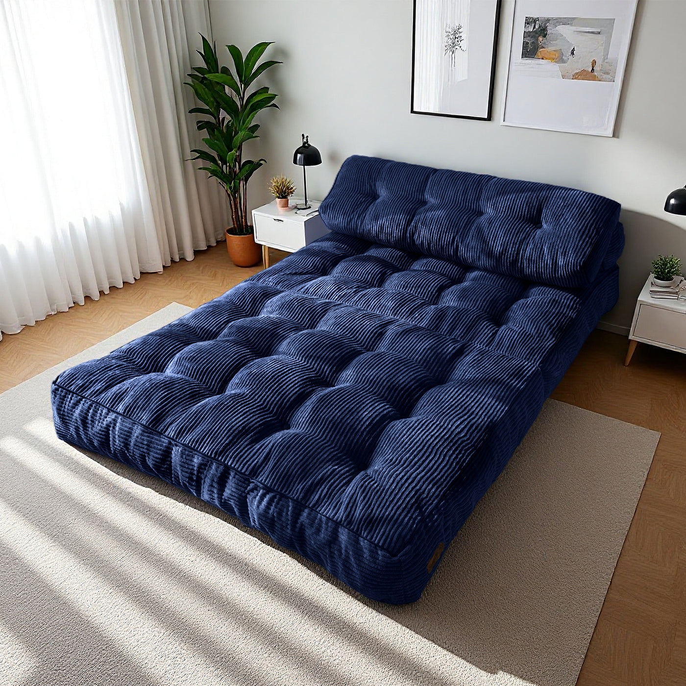 MAXYOYO Corduroy Folding Sofa Bed, Convertible Sleeper Chair with Pillow Foldable Mattress with Back Support(Double), Navy